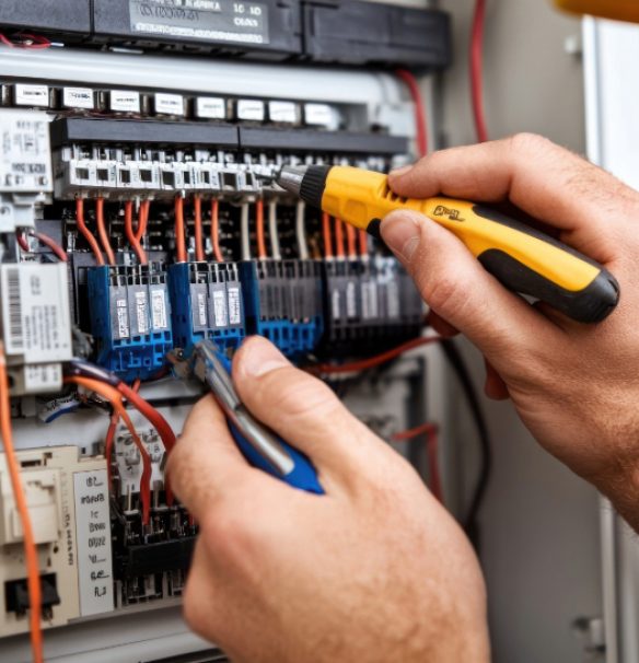 Close-up of an electrician's hands using a yellow-handled screwdriver and pliers to secure orange wiring connections inside a electrical circuit breaker panel.